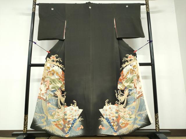 平和屋着物●アンティーク　大正ロマン　黒留袖　立波宝尽くし草花文　金彩　正絹　逸品　DAAY5841ud