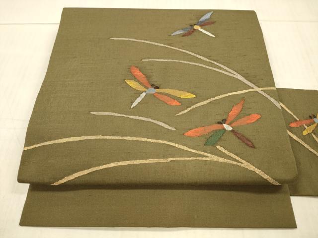 平和屋着物●九寸名古屋帯　草葉蜻蛉文　金糸　正絹　逸品　DAAY8005cm