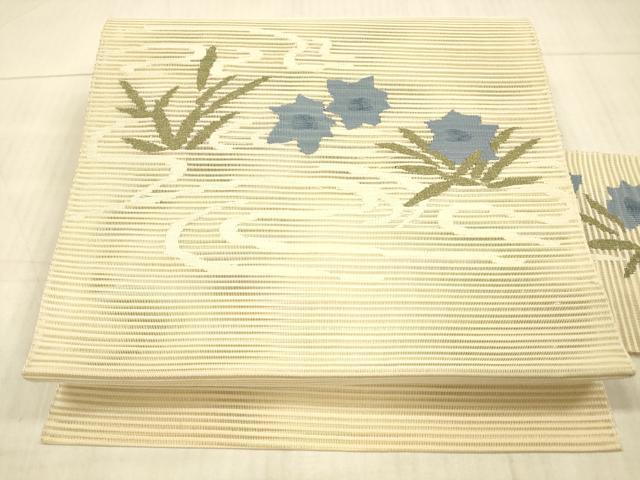 平和屋着物＊夏物　絽綴れ　八寸名古屋帯　流水草花文　銀糸　正絹　逸品　DAAY8011cm