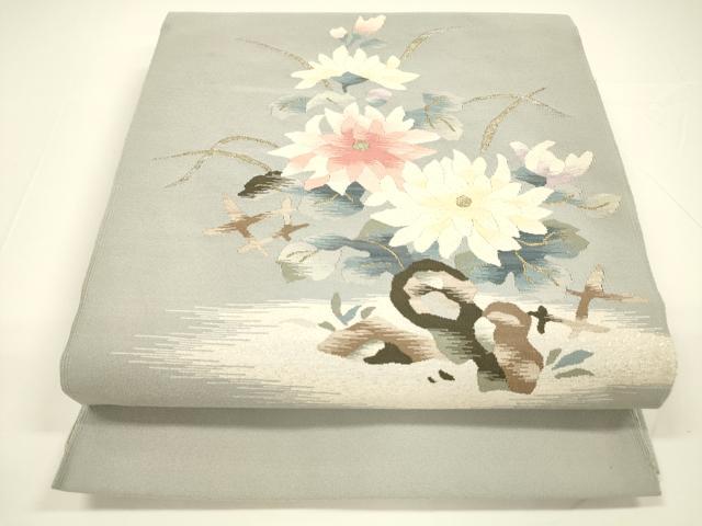 平和屋着物●爪掻き本綴れ　八寸名古屋帯　草花文　金銀糸　正絹　逸品　DAAY8037cm