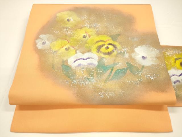 平和屋着物●塩瀬　九寸名古屋帯　手描き　草花文　金銀彩　正絹　逸品　DAAY8055cm