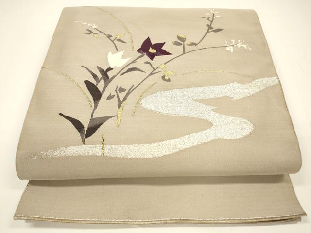平和屋着物●爪掻き本綴れ　八寸名古屋帯　一重帯　草花文　金銀糸　正絹　逸品　DAAY8060cm