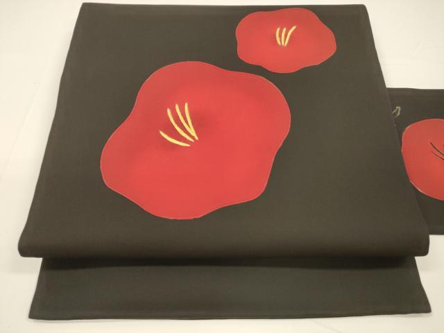 平和屋着物●塩瀬　九寸名古屋帯　刺繍　舞花文　黒地　正絹　逸品　DAAY8063cm