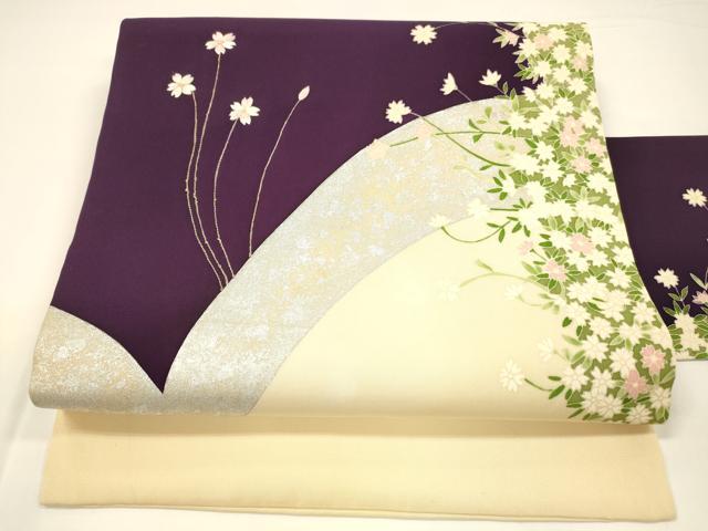 平和屋着物●塩瀬　九寸名古屋帯　刺繍　草花文　金銀彩　正絹　逸品　DAAY8074cm