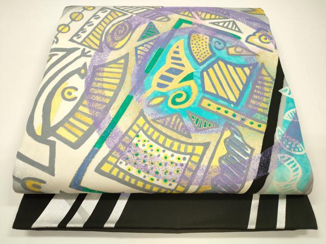 平和屋着物●塩瀬　六通柄袋帯　抽象文様　黒地　金銀糸　ますいわ屋扱い　正絹　逸品　DAAY8082cm