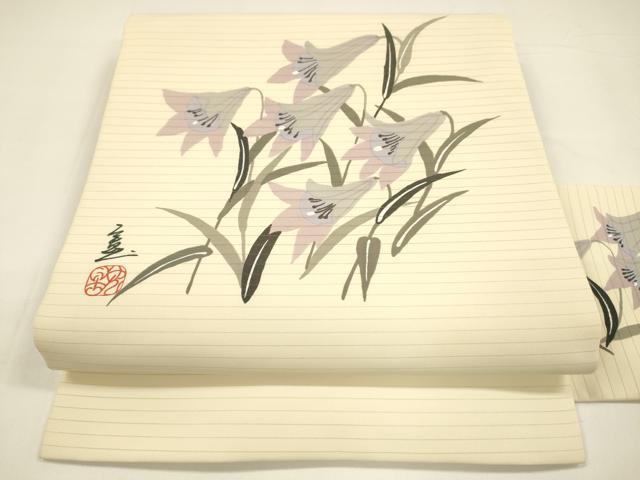 平和屋着物＊夏物　九寸名古屋帯　作家物　手描き　百合　DAAY8122cm