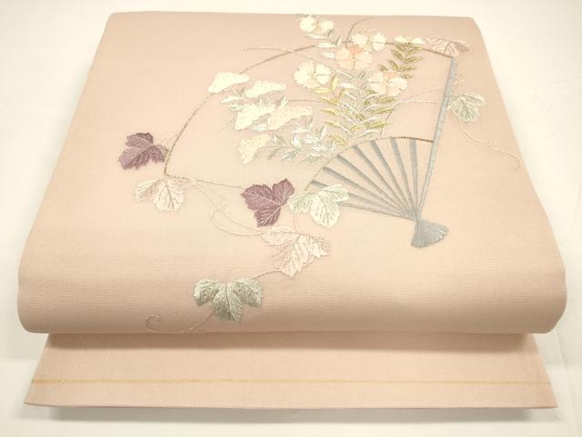 平和屋着物＊夏物　両面　太鼓柄袋帯　駒刺繍　総刺繍　扇面蔦の葉花文　抽象文様　金銀糸　正絹　逸品　DAAY8147cm