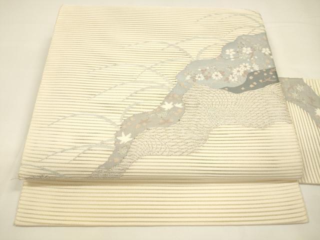 平和屋着物＊夏物　絽綴れ　八寸名古屋帯　流水草花文　銀糸　正絹　逸品　DAAY8183cm