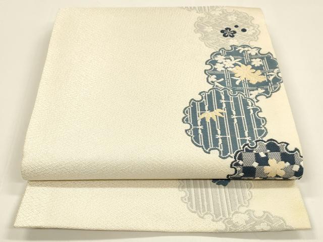 平和屋着物●六通柄袋帯　本藍　唐織　雪輪草花文　正絹　逸品　DAAY8188cm