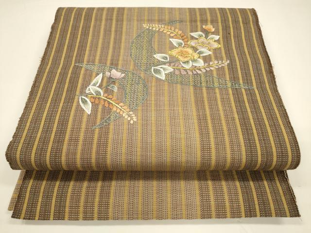 平和屋着物●八寸名古屋帯　総刺繍　草花文　金糸　正絹　逸品　DAAY8192cm