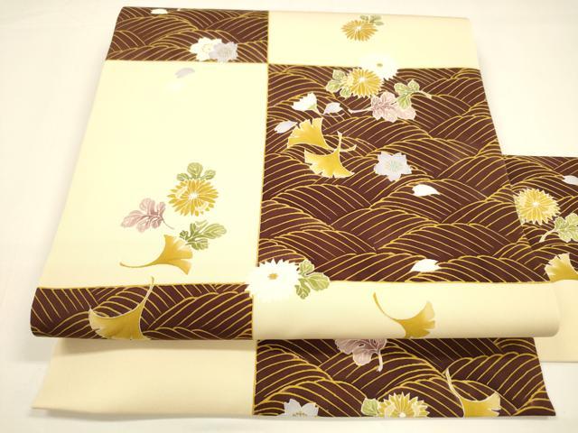 平和屋着物●塩瀬　九寸名古屋帯　流水草花文　金彩　正絹　逸品　DAAY8197cm