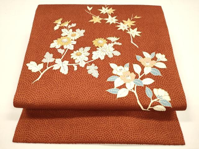 平和屋着物●九寸名古屋帯　刺繍　枝花文　金糸　正絹　逸品　DAAY8208cm