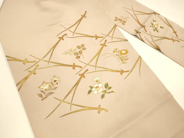平和屋着物○塩瀬 九寸名古屋帯 草花松葉文 金彩 正絹 逸品 DAAY8218cm
