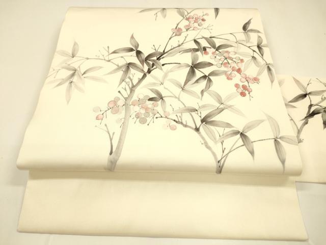 平和屋着物●塩瀬　九寸名古屋帯　作家物　手描き　南天枝葉文　正絹　逸品　DAAY8220cm