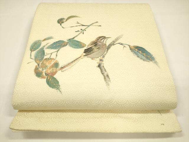 平和屋着物●九寸開き名古屋帯　手描き　枝葉文　雀　金彩　正絹　逸品　DAAY8229cm