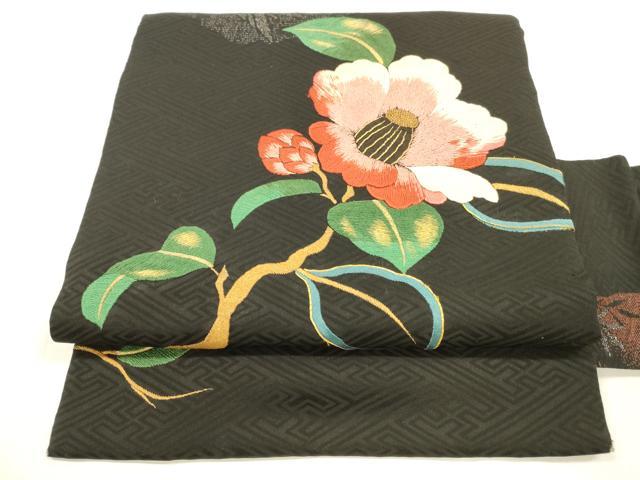 平和屋着物●アンティーク　大正ロマン　九寸名古屋帯　総刺繍　枝花文　雪輪矢羽文　黒地　金銀糸　正絹　逸品　DAAY8230cm