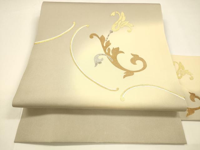 平和屋着物●塩瀬　九寸名古屋帯　作家物　草花文　金銀彩　正絹　逸品　DAAY8233cm