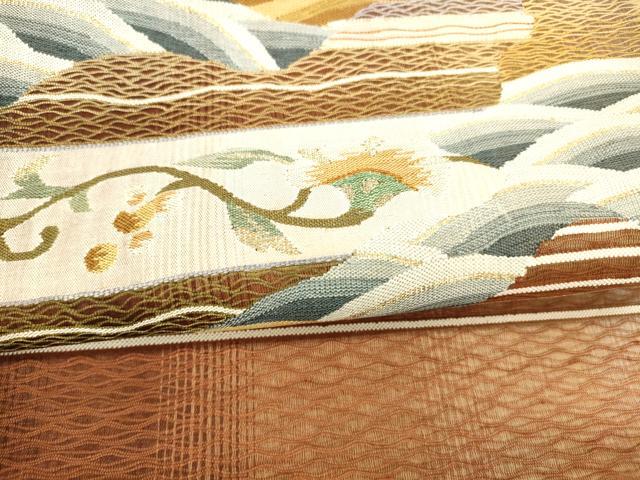平和屋着物▽太鼓柄袋帯　スリーシーズン　春夏秋　すくい織　流水更紗花文　金糸　正絹　逸品　DAAY8271cm_2