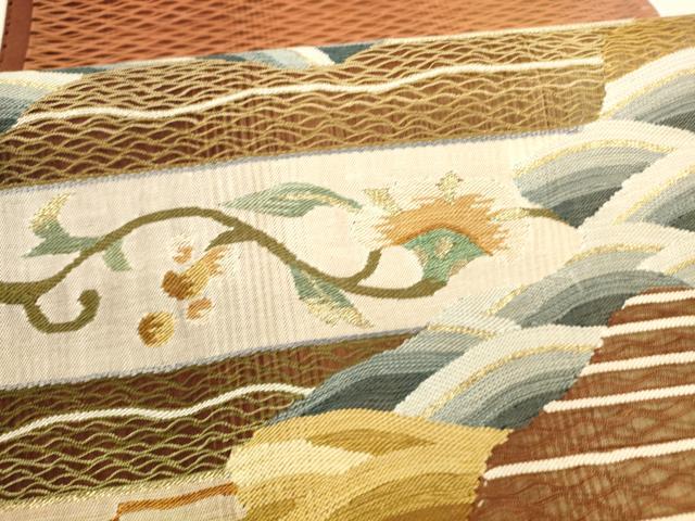 平和屋着物▽太鼓柄袋帯　スリーシーズン　春夏秋　すくい織　流水更紗花文　金糸　正絹　逸品　DAAY8271cm_3