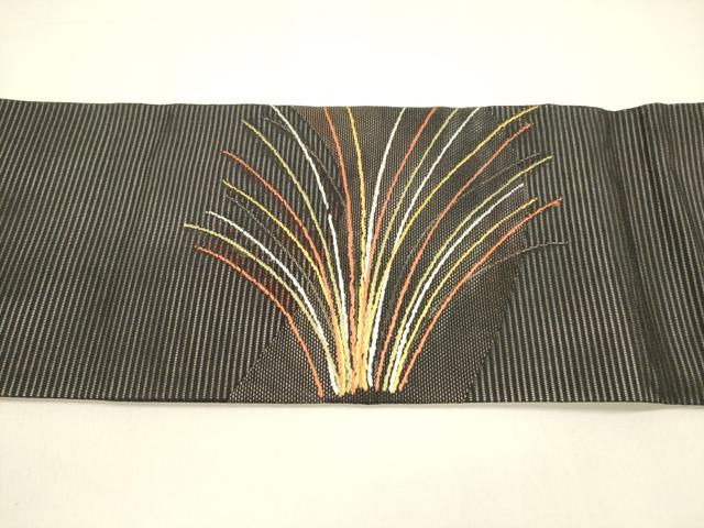 平和屋着物＊夏物　九寸名古屋帯　流水草葉文　黒地　銀糸　正絹　逸品　DAAY8314cm 平和屋着物＊夏物 九寸名古屋帯 流水草葉文 黒地 銀糸 正絹 逸品
