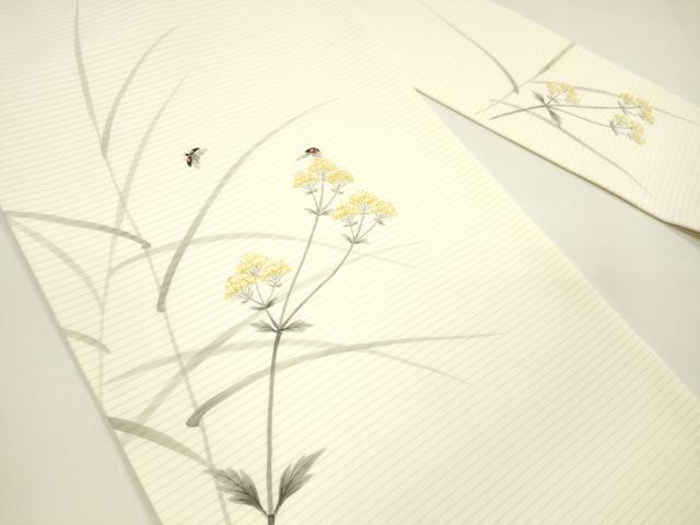 平和屋着物＊夏物　絽塩瀬　九寸名古屋帯　手描き　草花文　てんとう虫　正絹　逸品　DAAY8375cm_1