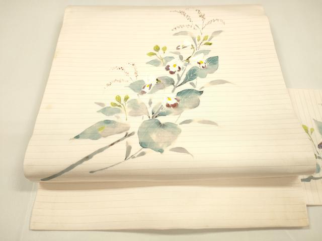 平和屋着物＊夏物　絽塩瀬　九寸名古屋帯　手描き　枝花文　正絹　逸品　DAAY8383cm