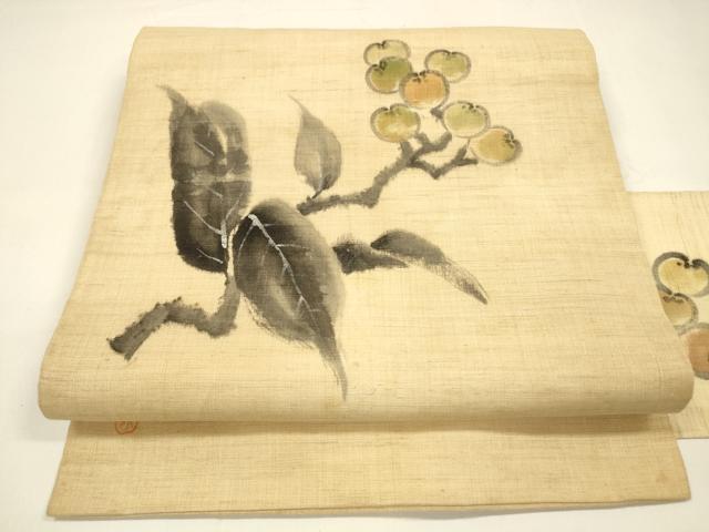 平和屋着物＊夏物　九寸名古屋帯　作家物　手描き　紬地　枝花文　銀彩　麻　正絹　逸品　DAAY8403cm
