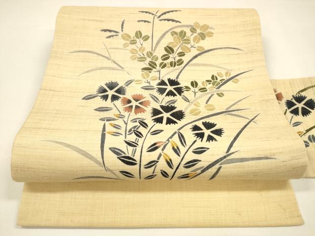 平和屋着物＊夏物　九寸名古屋帯　型染　草花文　麻　逸品　DAAY8445cm