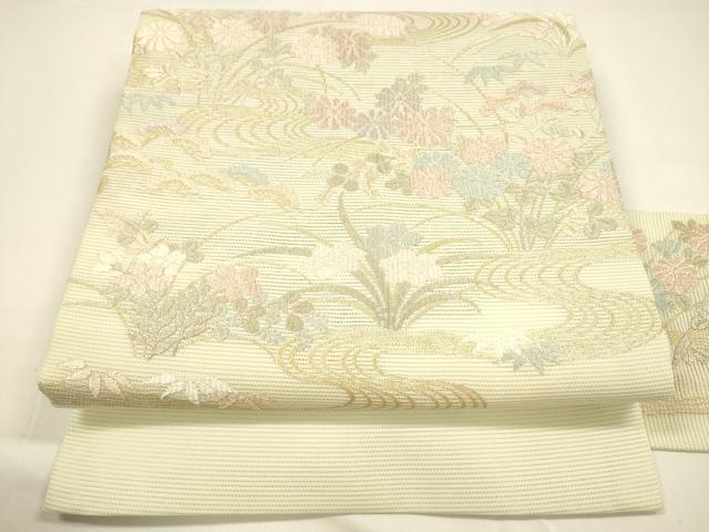 平和屋着物＊夏物　九寸名古屋帯　唐織　流水草花文　金糸　正絹　逸品　DAAY8449cm