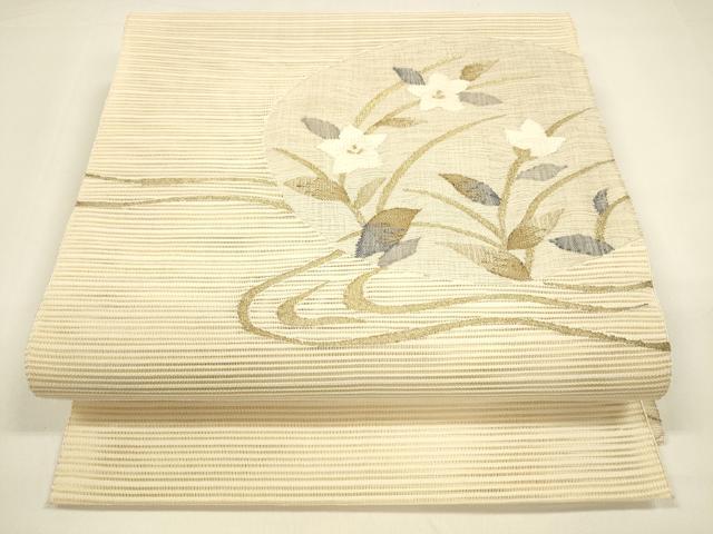 平和屋着物＊夏物　絽綴れ　八寸名古屋帯　流水草花文　金糸　正絹　逸品　DAAY8453cm