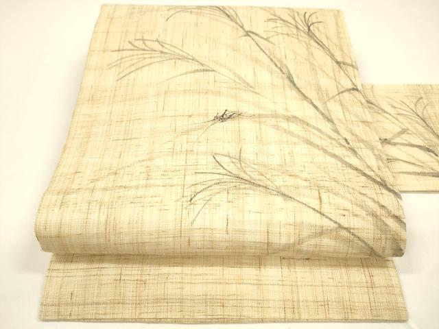 平和屋着物＊夏物　九寸名古屋帯　手描き　夏虫草葉文　三越扱い　麻　逸品　DAAY8454cm