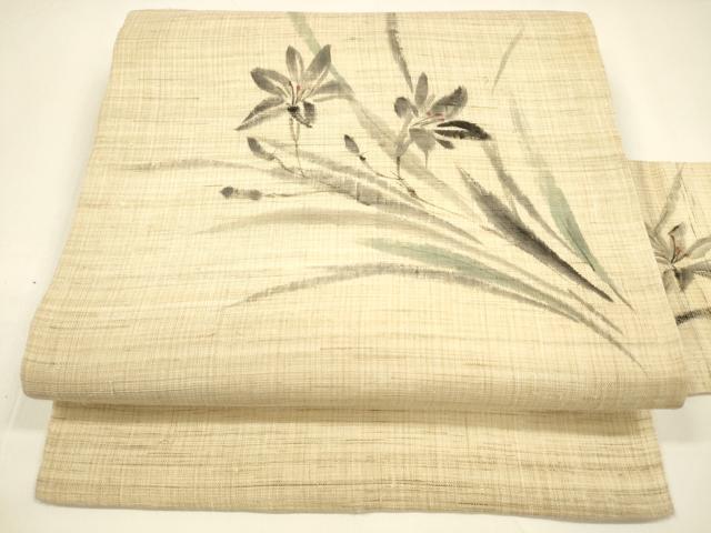 平和屋着物＊夏物　九寸名古屋帯　手描き　草花文　麻　逸品　DAAY8455cm