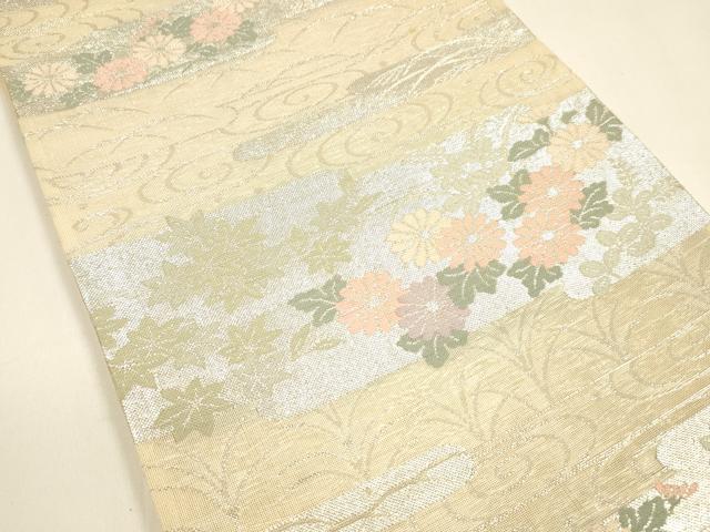 平和屋着物＊夏物　六通柄袋帯　流水草花文　銀糸　正絹　逸品　DAAY8491cm 平和屋着物＊夏物 六通柄袋帯 草花文 銀糸 正絹 逸品 DABE6158cm