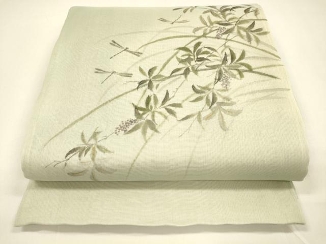 平和屋着物＊夏物　絹芭蕉　太鼓柄袋帯　手描き　蜻蛉南天草葉文　金彩　正絹　逸品　DAAY8508cm