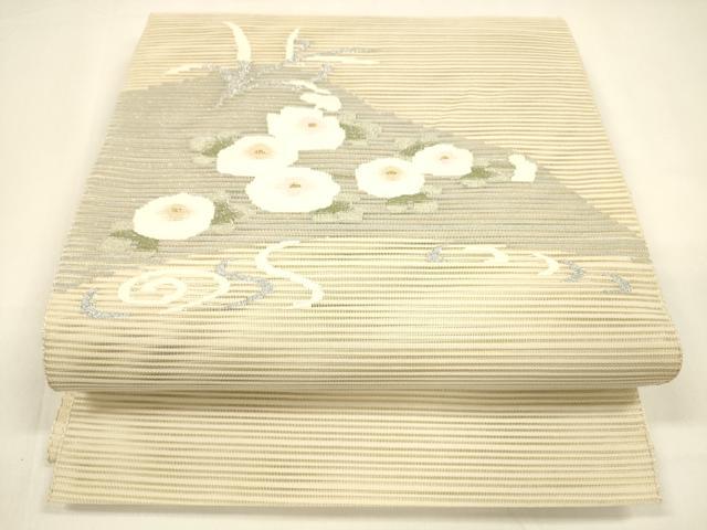 平和屋着物＊夏物　絽綴れ　八寸名古屋帯　流水草花文　銀糸　正絹　逸品　DAAY8511cm