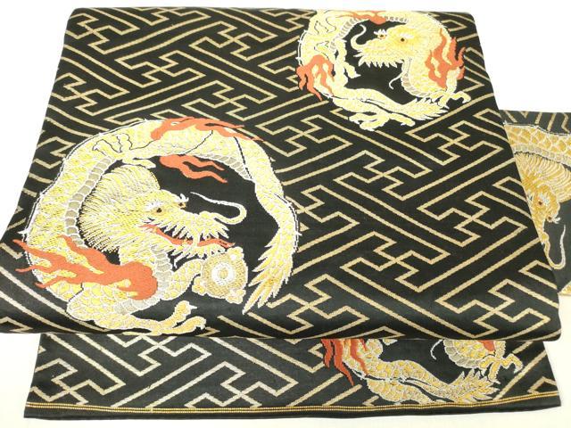 平和屋着物●アンティーク　大正ロマン　九寸名古屋帯　唐織　丸龍　黒地　金銀糸　正絹　逸品　DAAY9163az