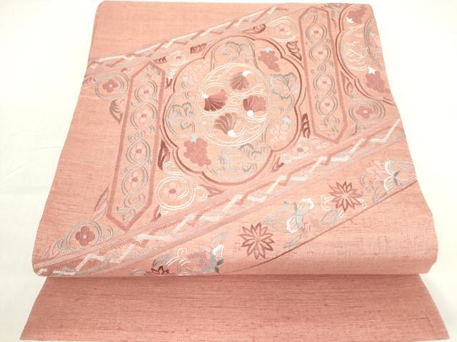 平和屋着物●太鼓柄袋帯　総刺繍　紬地　花唐草文　正絹　逸品　DAAY9297az