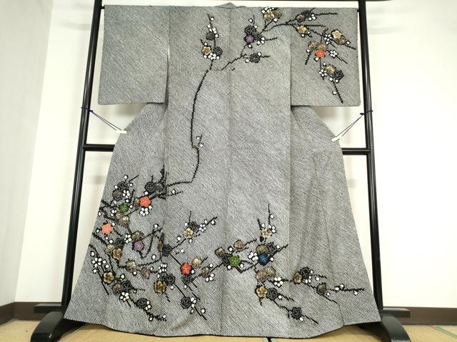 平和屋着物●訪問着　絞り　駒刺繍　枝花文　黒地　金彩　やまと誂製　正絹　逸品　DAAY9505az