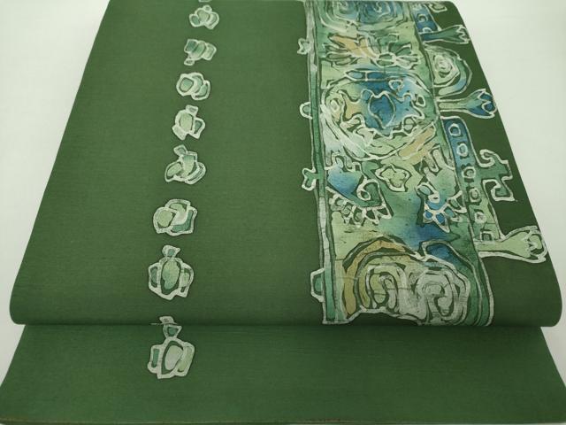 平和屋着物●両面　太鼓柄袋帯　作家物　紬地　ろうけつ染め　花間道　正絹　逸品　DAAZ0063ps