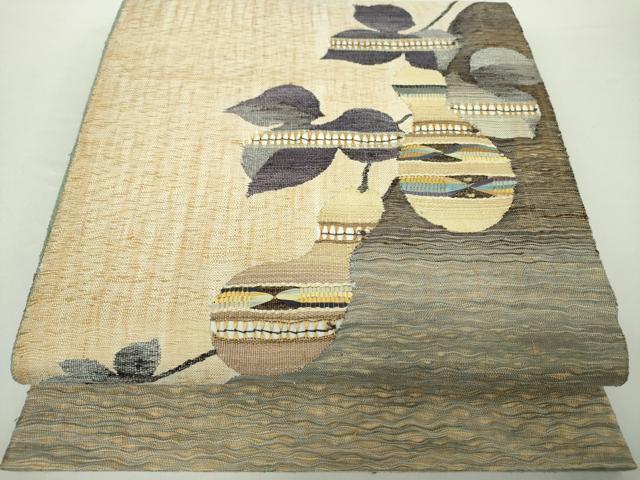 平和屋着物▽太鼓柄袋帯　スリーシーズン帯　春　夏　秋　すくい織　もじり織　蔦の葉瓢箪　金糸　正絹　逸品　DAAZ0076ps