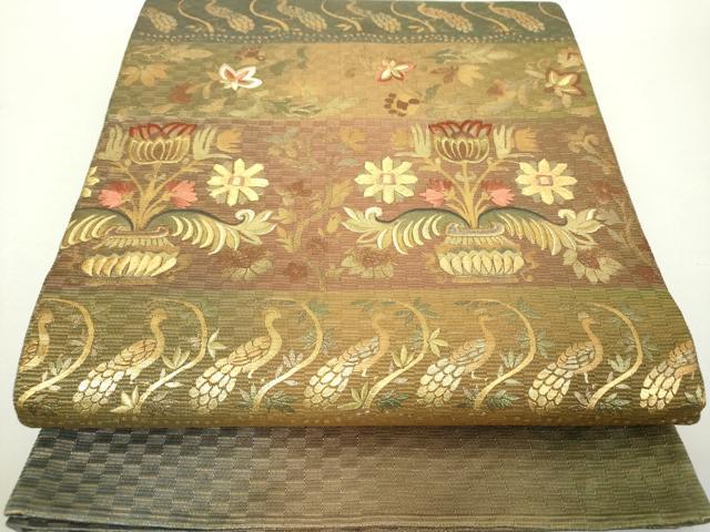 平和屋着物●ひなや工房　くむ・あむ・おる　伊豆蔵明彦　太鼓柄袋帯　刺繍　更紗花鳥文　金彩　正絹　逸品　DAAZ0089ps