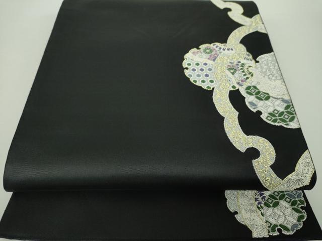 平和屋着物●六通柄袋帯　唐織　雪輪花文　黒地　金糸　正絹　逸品　DAAZ0095ps