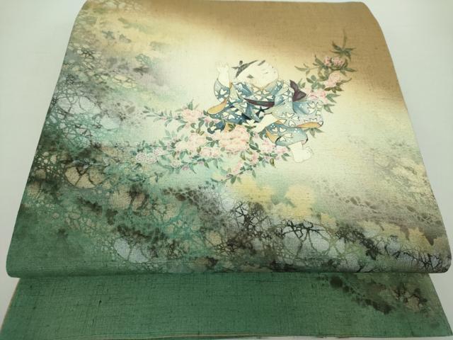 平和屋着物●太鼓柄袋帯　紬地　手描き　童子　草花文　金銀彩　正絹　逸品　DAAZ0116ps