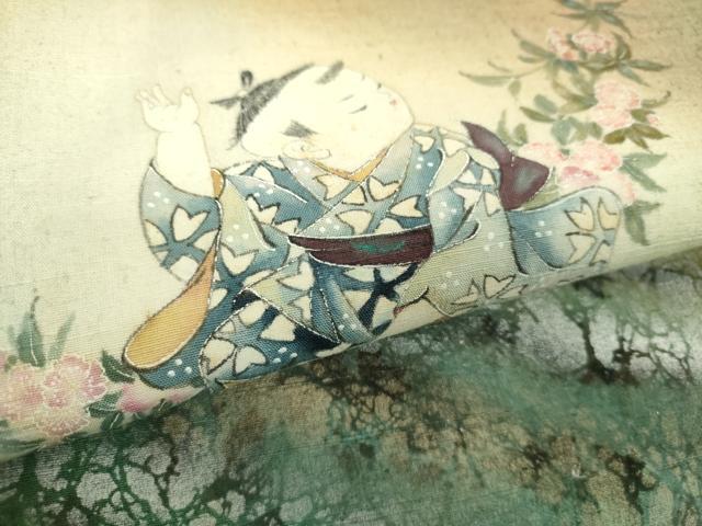 平和屋着物●太鼓柄袋帯　紬地　手描き　童子　草花文　金銀彩　正絹　逸品　DAAZ0116ps 平和屋着物○太鼓柄袋帯 紬地 手描き 童子 草花文 金銀彩 正絹