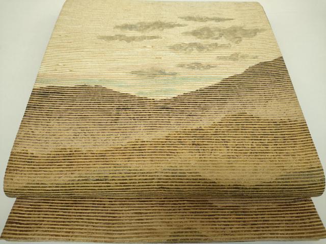 平和屋着物●六通柄袋帯　紙布　手もみ引箔　遠山風景　金糸　正絹　逸品　DAAZ0118ps