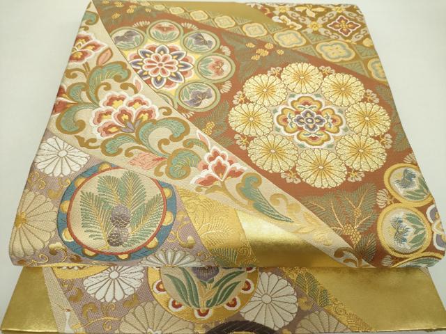 平和屋着物●六通柄袋帯　唐織　御瑞　飛鶴吉祥花丸文　金糸　引箔　正絹　逸品　未使用　DAAZ0135ps