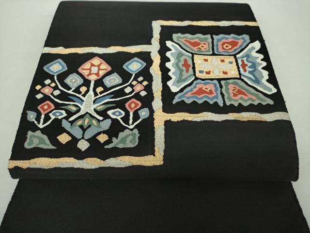 平和屋着物●爪掻き本綴れ　八寸名古屋帯　草花文　黒地　金銀糸　正絹　逸品　DAAZ0157ps