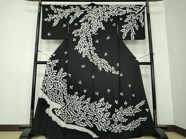 平和屋着物●訪問着　総絞り　枝葉文　黒地　正絹　逸品　DAAZ0160ps