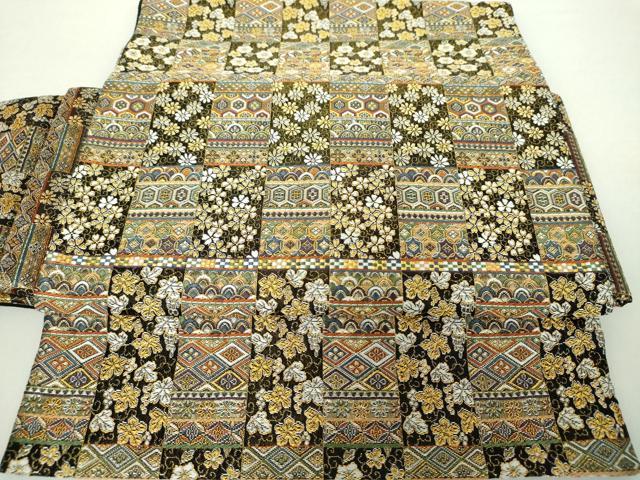 平和屋着物●ワンタッチつけ帯　市松吉祥花文　金糸　さが美扱い　正絹　逸品　DAAZ0262ps