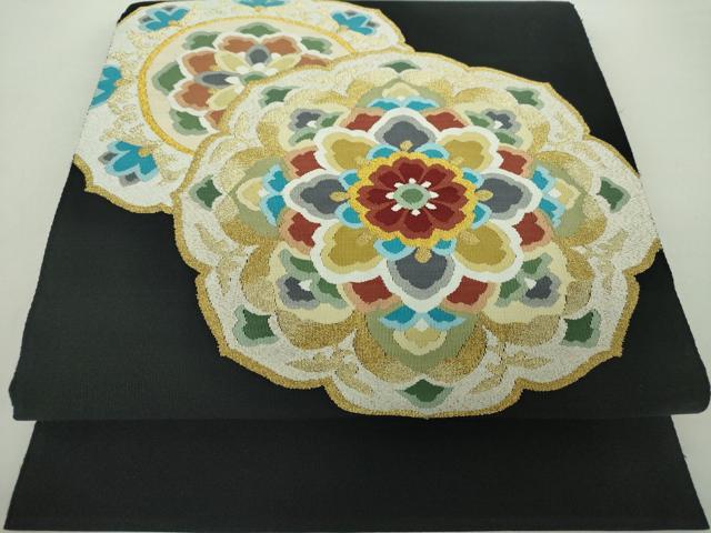 平和屋着物●爪掻き本綴れ　八寸名古屋帯　正倉院花文　黒地　金銀糸　正絹　逸品　DAAZ0271ps